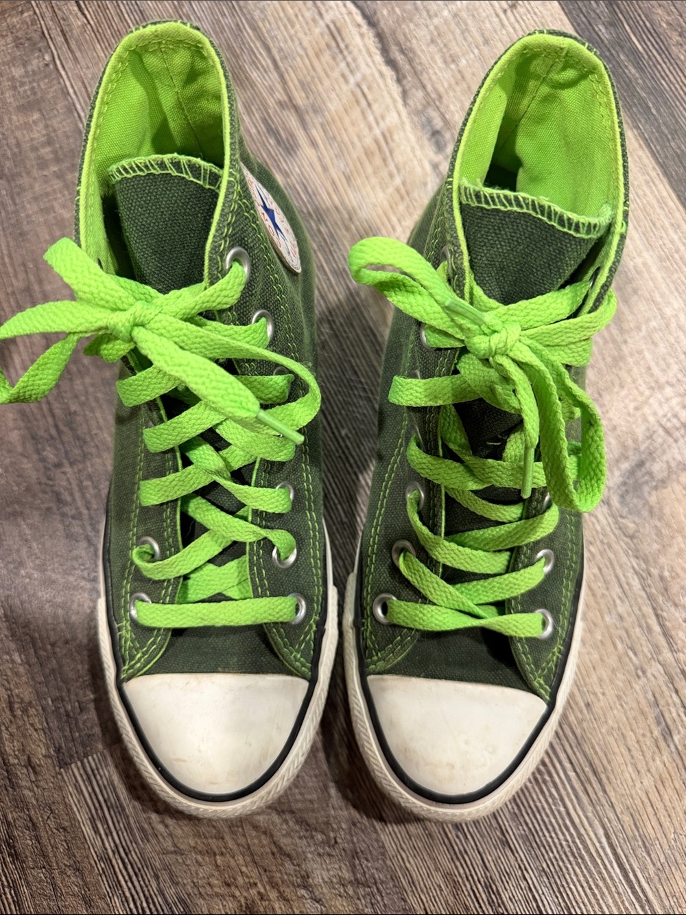 Converse Olive Green High Top Sneakers with Neon Green Laces
